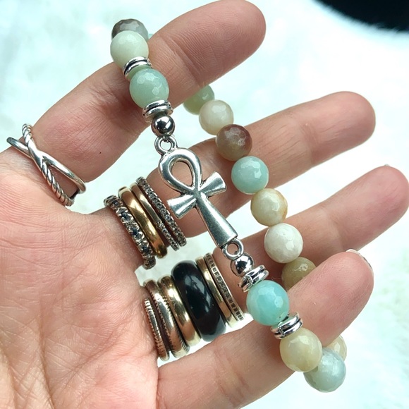 Genuine faceted amazonite gems ankh cross bracelet - Picture 6 of 12